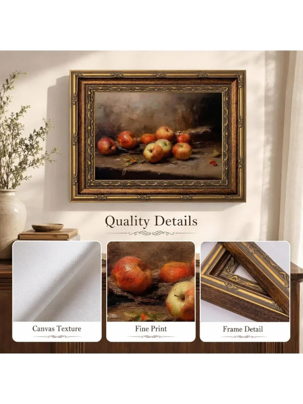 Vintage Gold Framed Still Life Apple Canvas Art - 9x11 Home Decor Piece